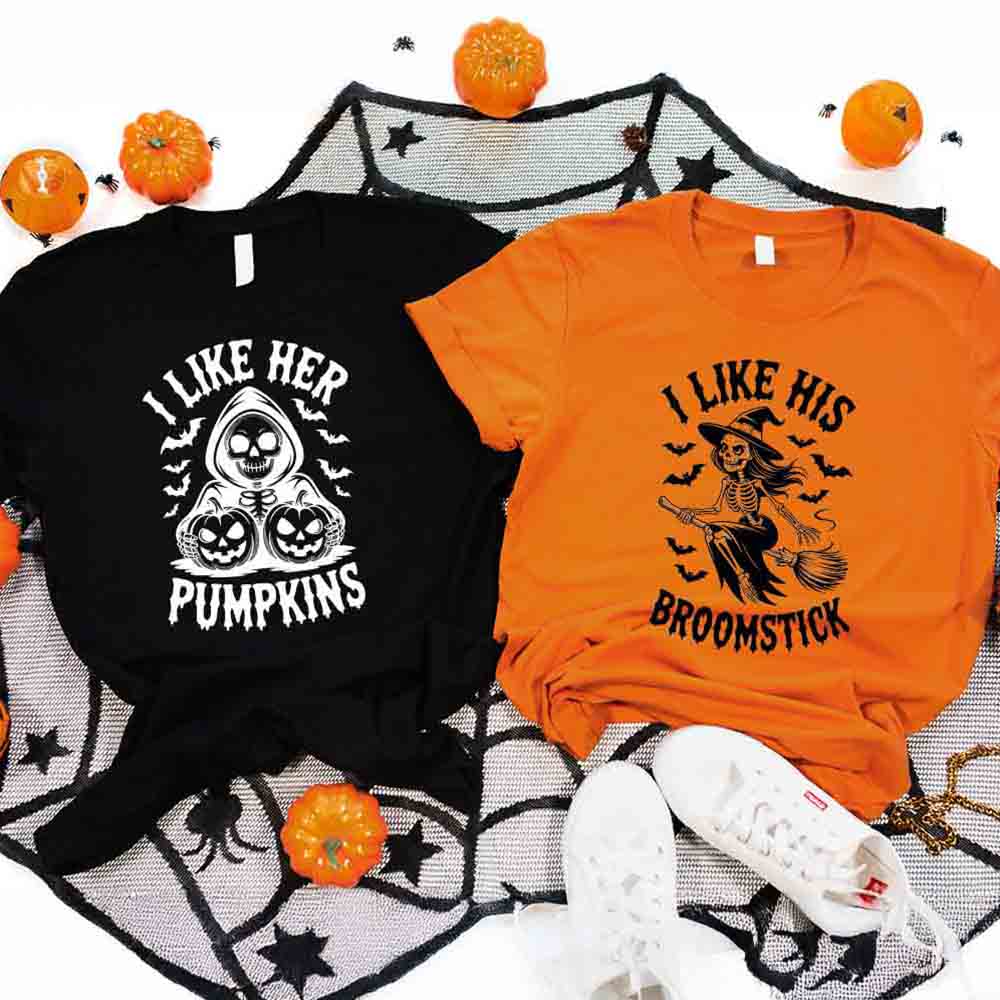 I Like Her Pumpkins & His Broomstick Shirts | Funny Matching Halloween Couple T-Shirts