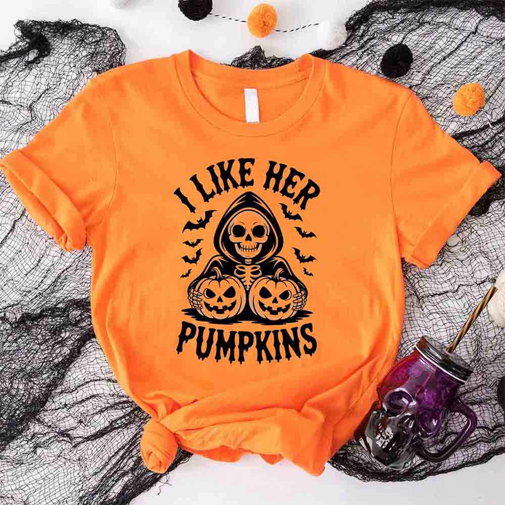 I Like Her Pumpkins & His Broomstick Shirts | Funny Matching Halloween Couple T-Shirts