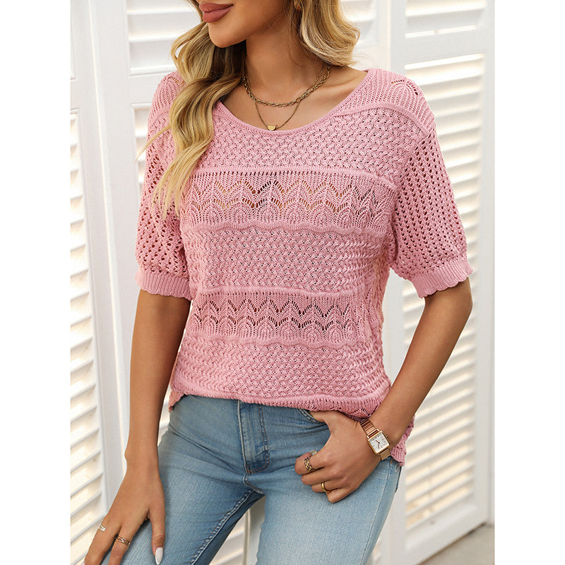 Women's Short Sleeve Crochet Knit Hollow-Out Top