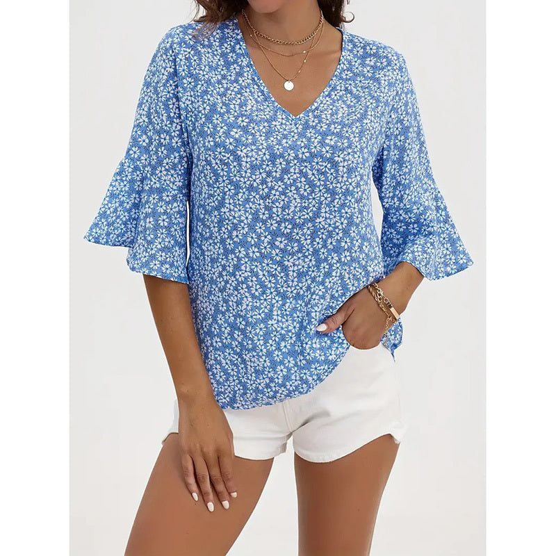 Womens Summer Floral Print Blouses V-Neck Flare Sleeve Tops
