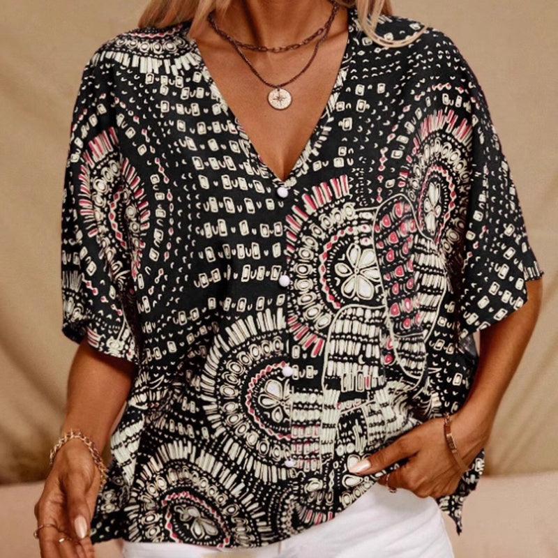 Mandala Print V-Neck Blouse â€?Casual Vacation Top