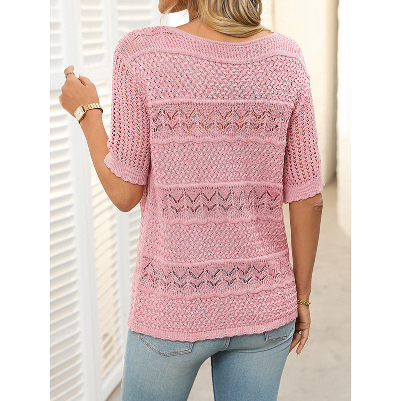 Women's Short Sleeve Crochet Knit Hollow-Out Top