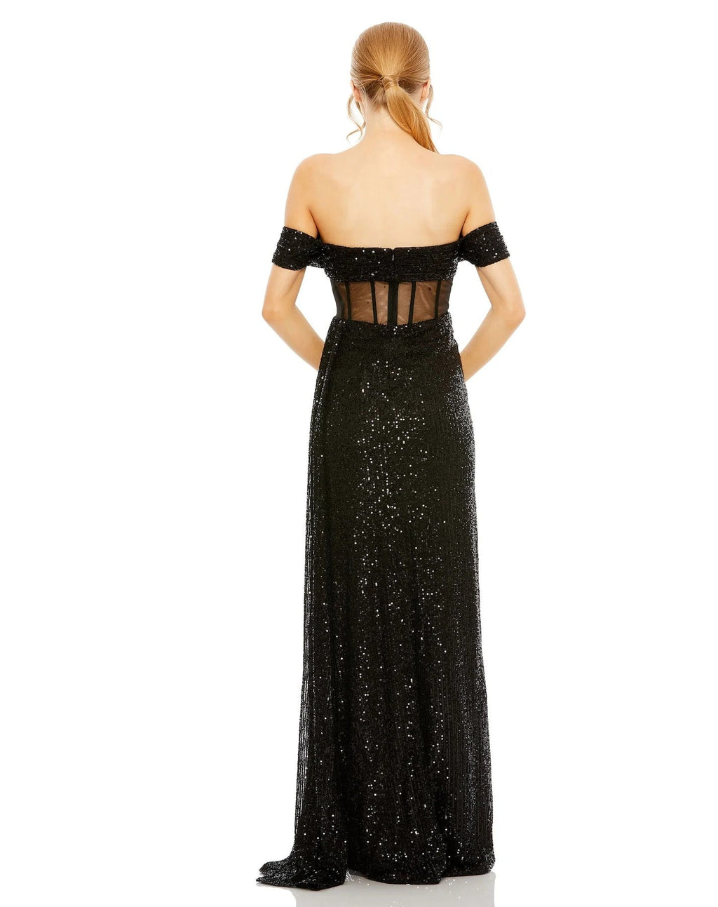 Mac Duggal 11665 Long Sequined Sheer Corset Waist Slit Dress