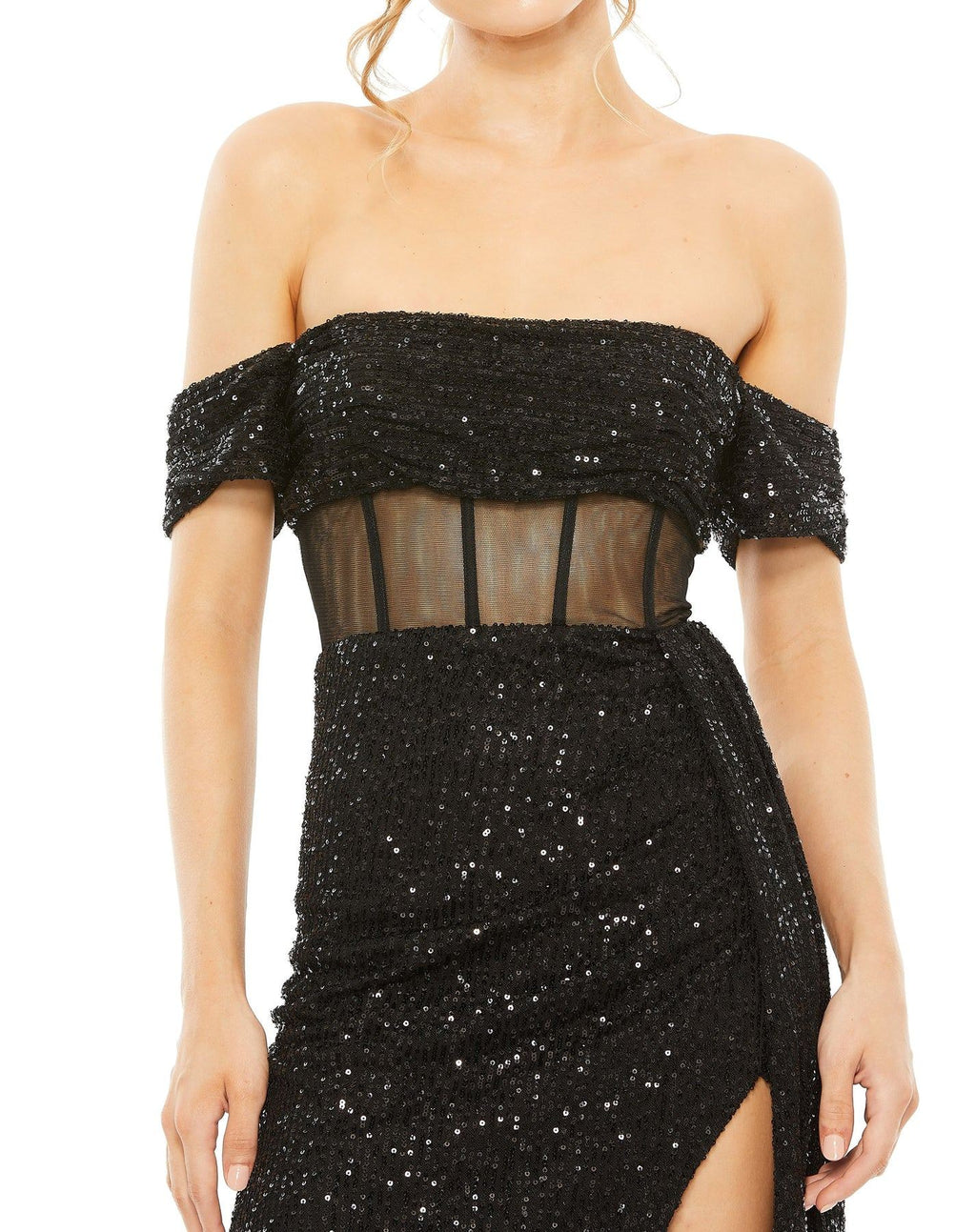 Mac Duggal 11665 Long Sequined Sheer Corset Waist Slit Dress