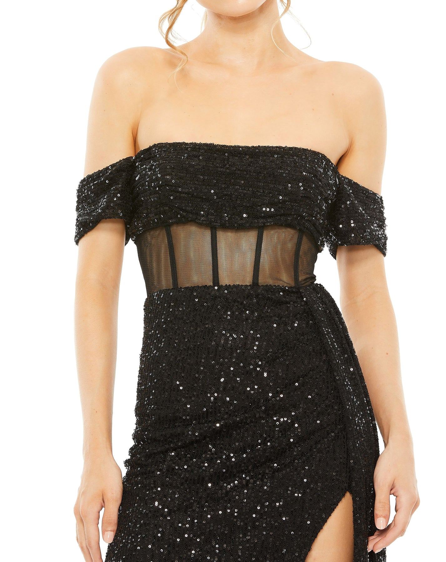 Mac Duggal 11665 Long Sequined Sheer Corset Waist Slit Dress