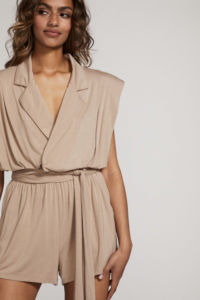 Shoulder Pad Romper - Chic Crossover Front with Tie Waist