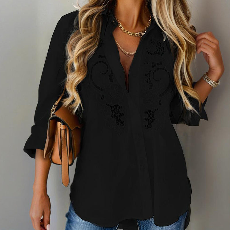 Women's Contrast Lace Long-Sleeve Button‑Down Blouse