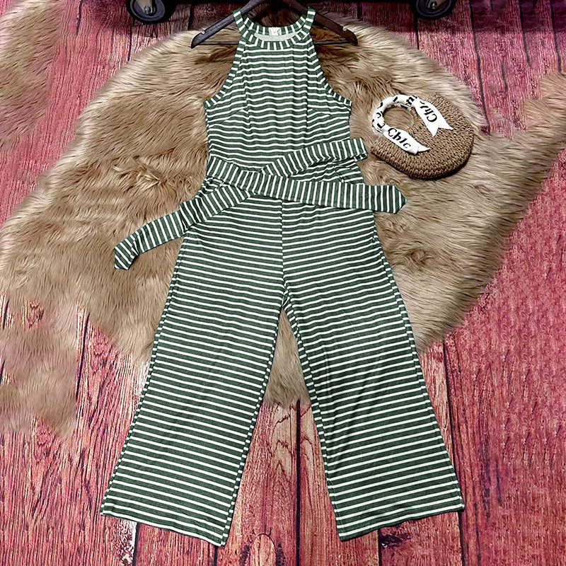 Casual Striped Jumpsuits Summer Cap Sleeve Wide Leg Jumper