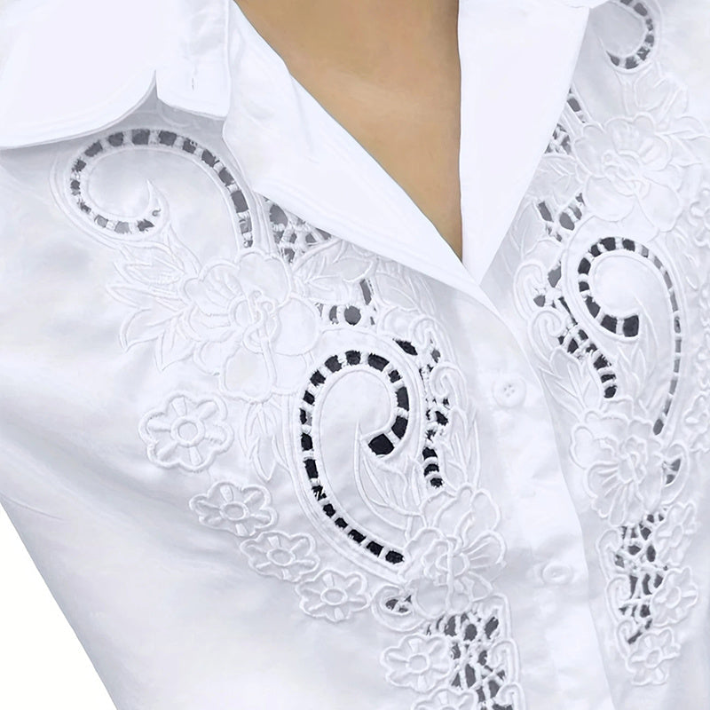 Women's Contrast Lace Long-Sleeve Button‑Down Blouse