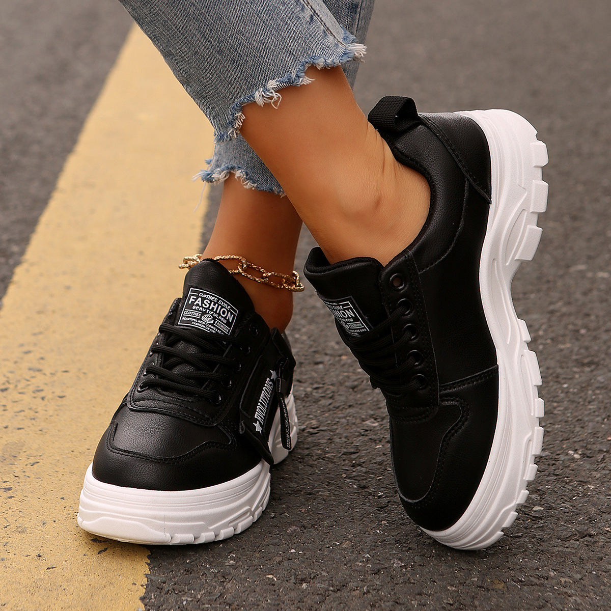 Women's Lace‑Up Side‑Zipper Sports Sneakers