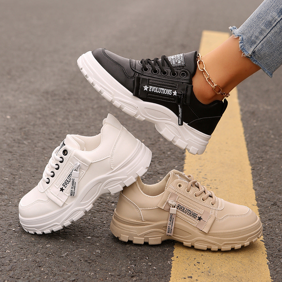 Women's Lace‑Up Side‑Zipper Sports Sneakers