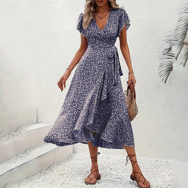 Summer Floral Boho Dress - Short Sleeve Ruffle Flowy Maxi Dresses