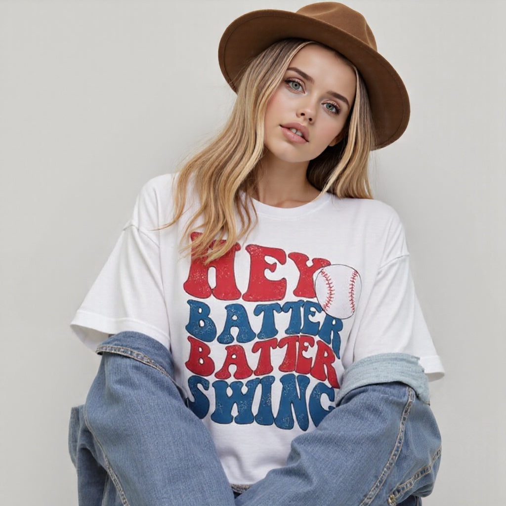 Baseball Mom Oversized Shirt â€?“Hey Batter Batterâ€?Graphic Tee