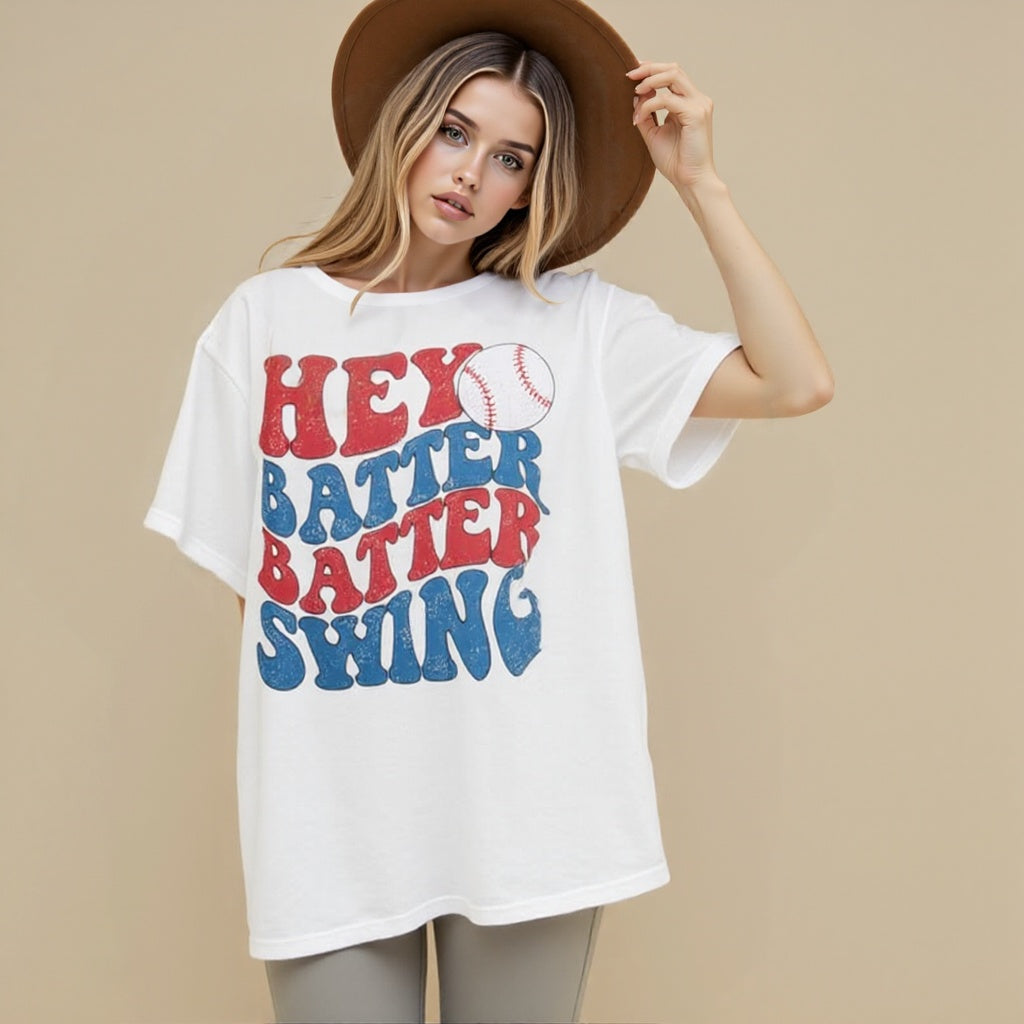 Baseball Mom Oversized Shirt â€?“Hey Batter Batterâ€?Graphic Tee