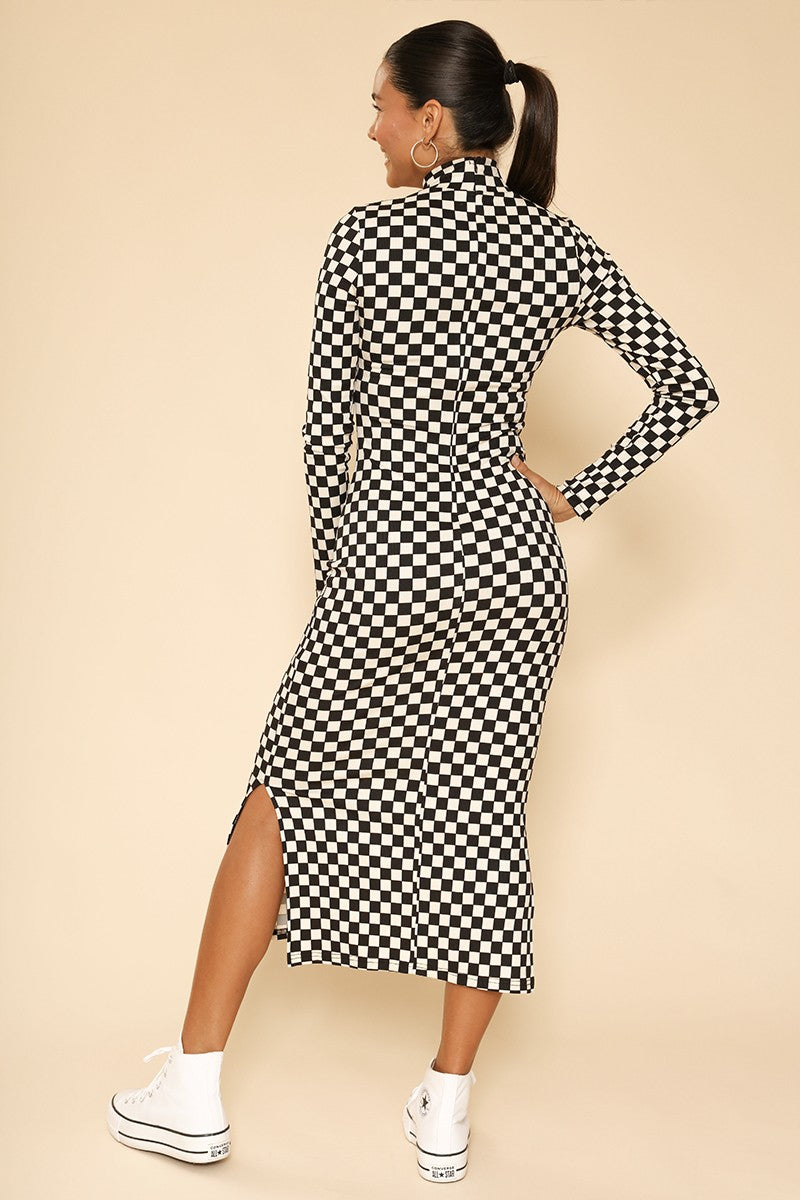 Checkered ribbed mock neck midi dress