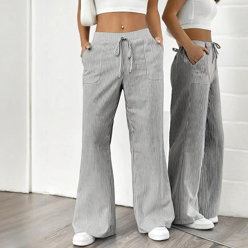 Women's Striped Print Straight Wide Leg Pockets Pants Casual Long Pants