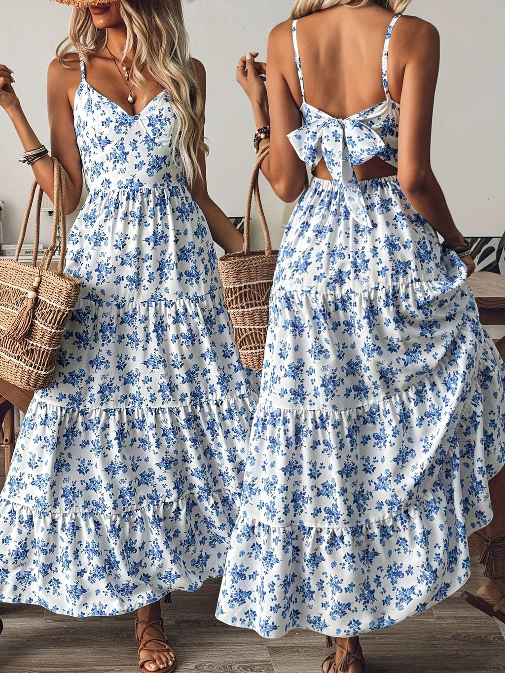 Women's Floral Backless Maxi Dress â€?Strappy Dress with Bow & Flowy Skirt