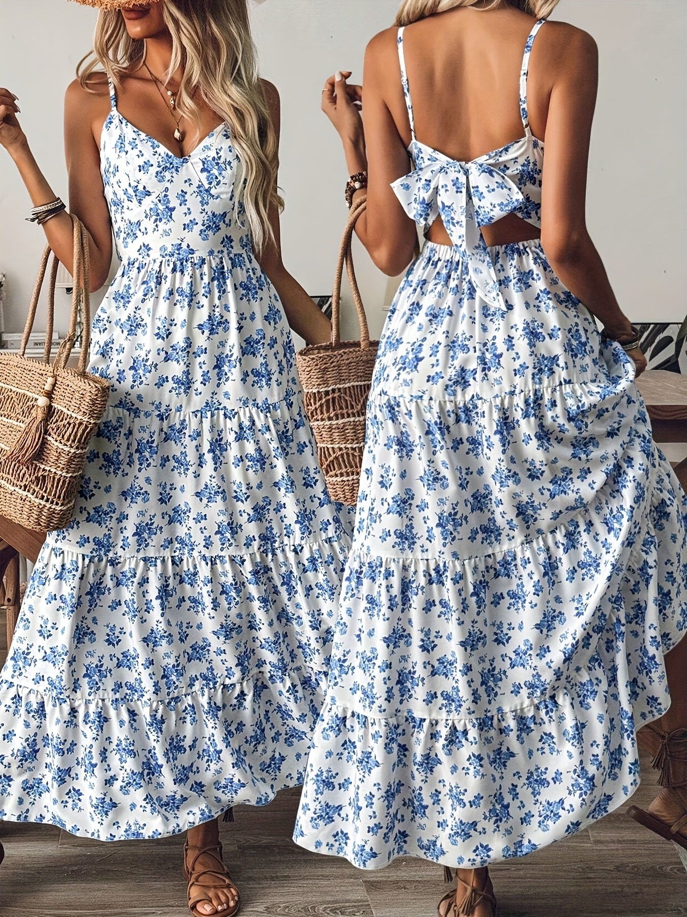Women's Floral Backless Maxi Dress â€?Strappy Dress with Bow & Flowy Skirt