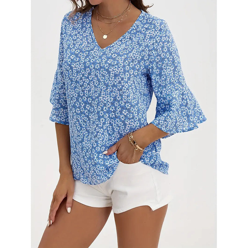 Womens Summer Floral Print Blouses V-Neck Flare Sleeve Tops
