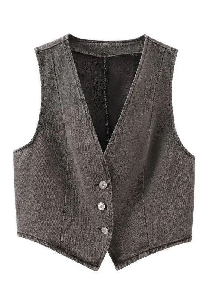 Cropped button front denim vest