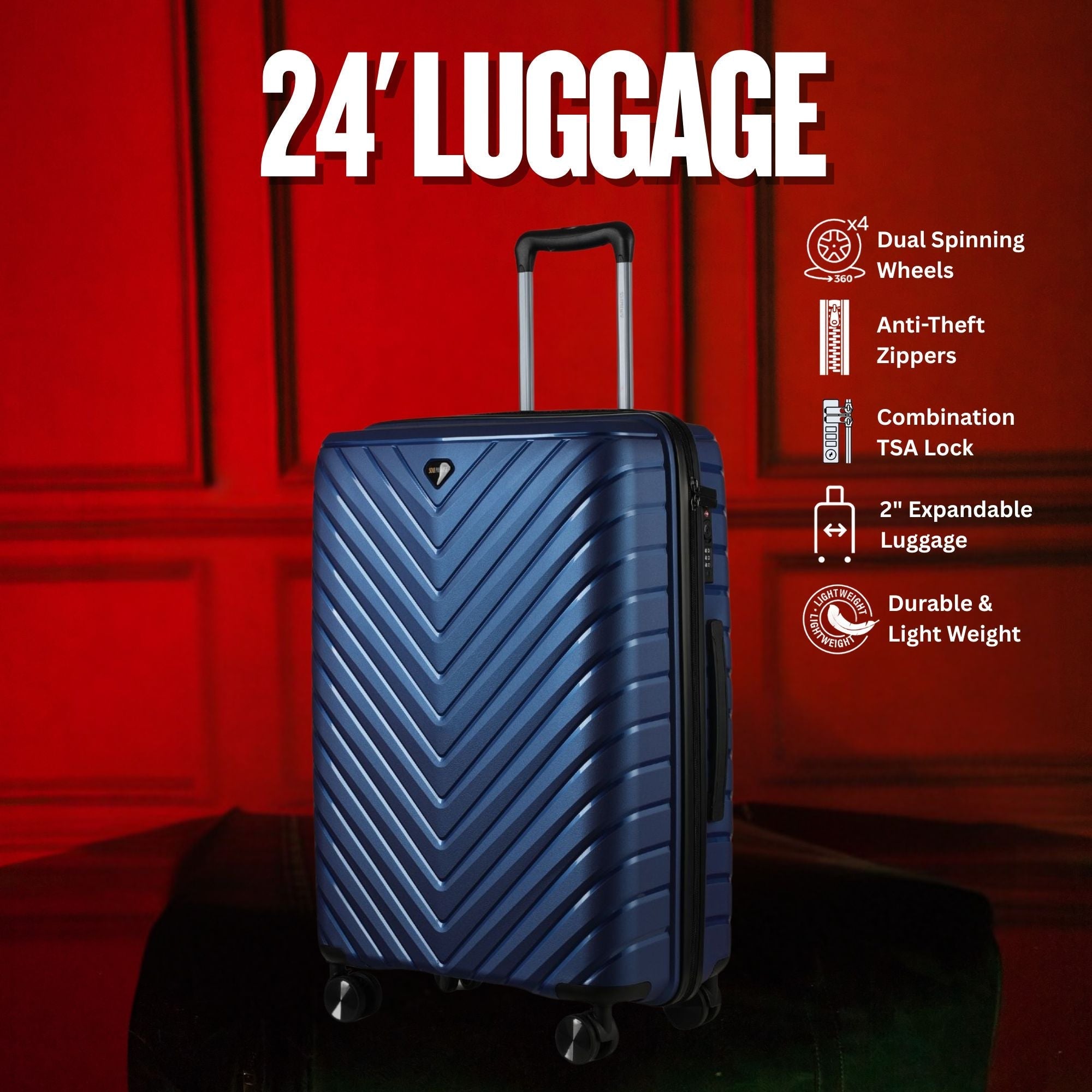 24-inch Blue Hardcase Roller Luggage with 360° Wheels & TSA Lock