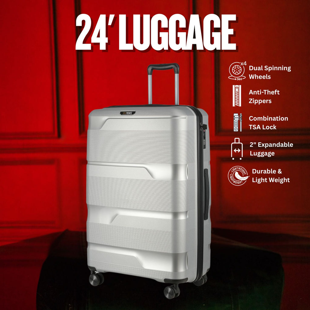 24-inch Silver Hardcase Roller Luggage with 360° Wheels & TSA Lock