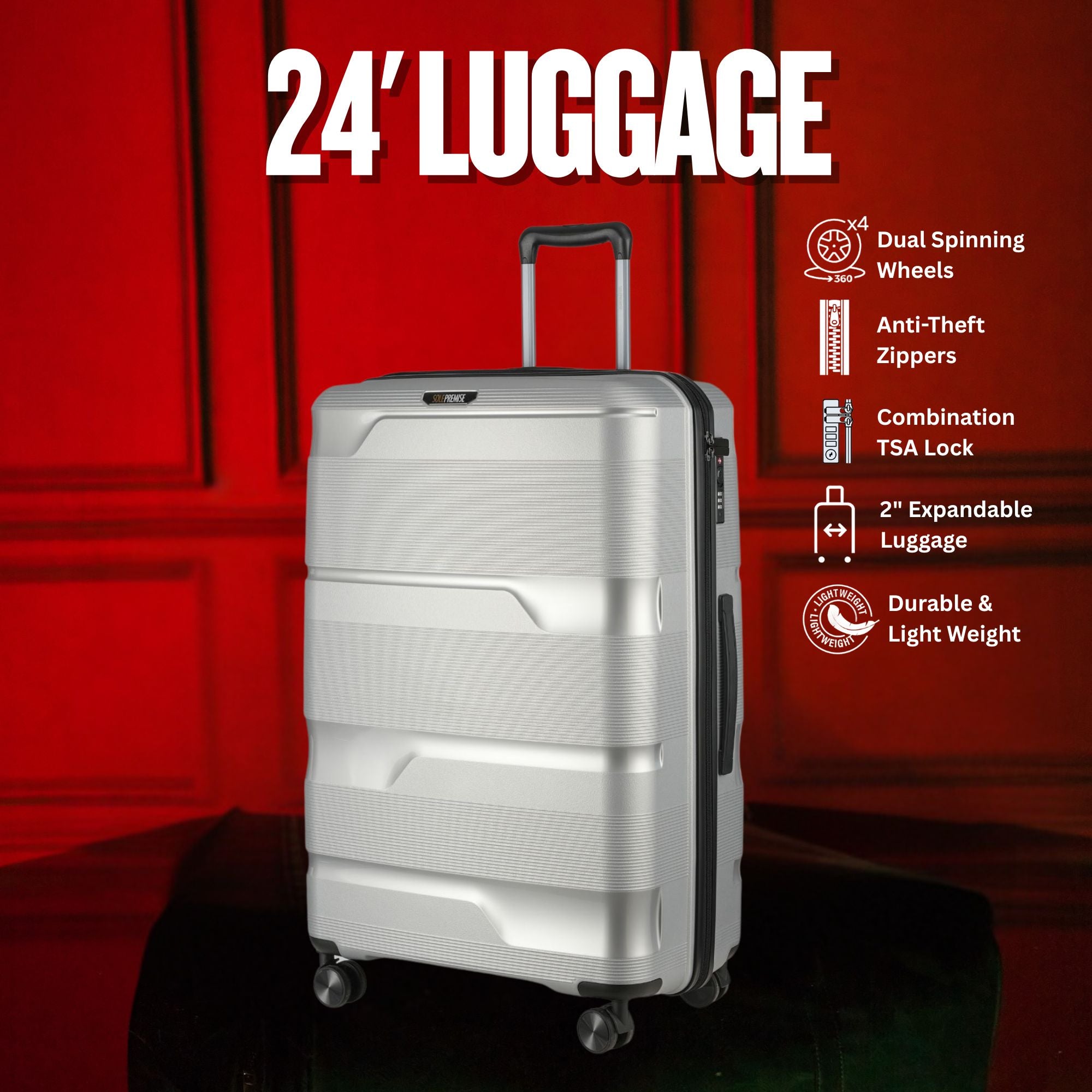 24-inch Silver Hardcase Roller Luggage with 360° Wheels & TSA Lock