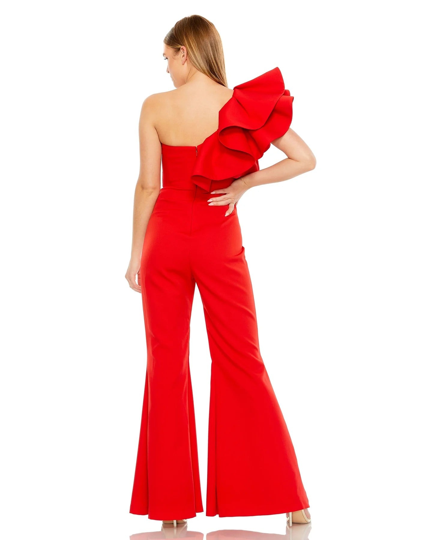 Mac Duggal 27460 One Shoulder Ruffle Detail Flare Jumpsuit