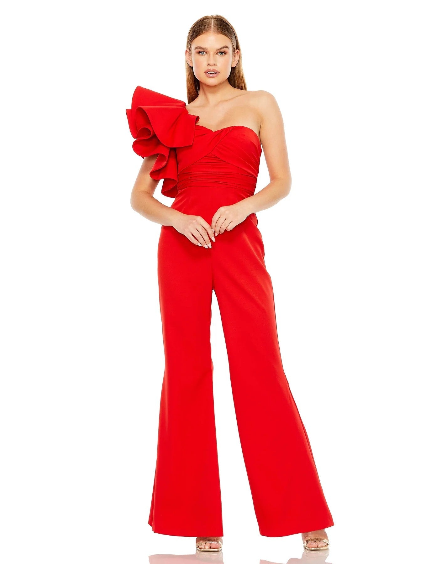 Mac Duggal 27460 One Shoulder Ruffle Detail Flare Jumpsuit