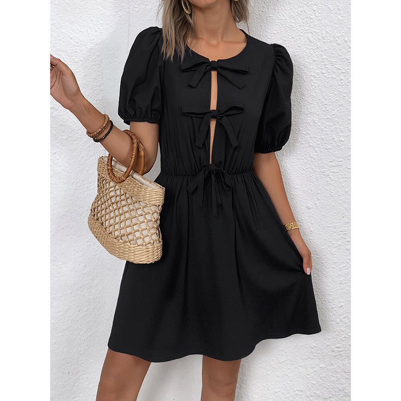 Women's Striped Tie-Front Puff Sleeve Mini Dress
