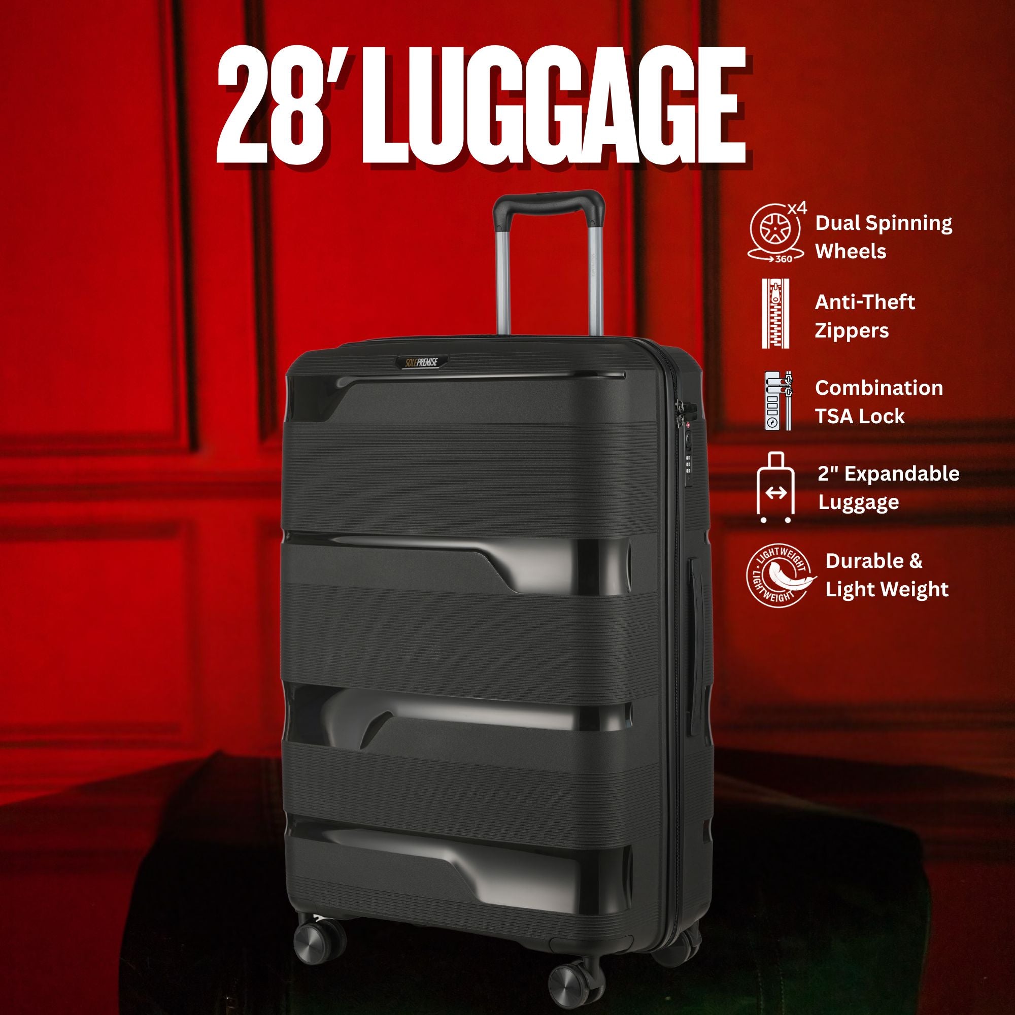 28-inch Black Hardcase Roller Luggage with 360° Wheels & TSA Lock