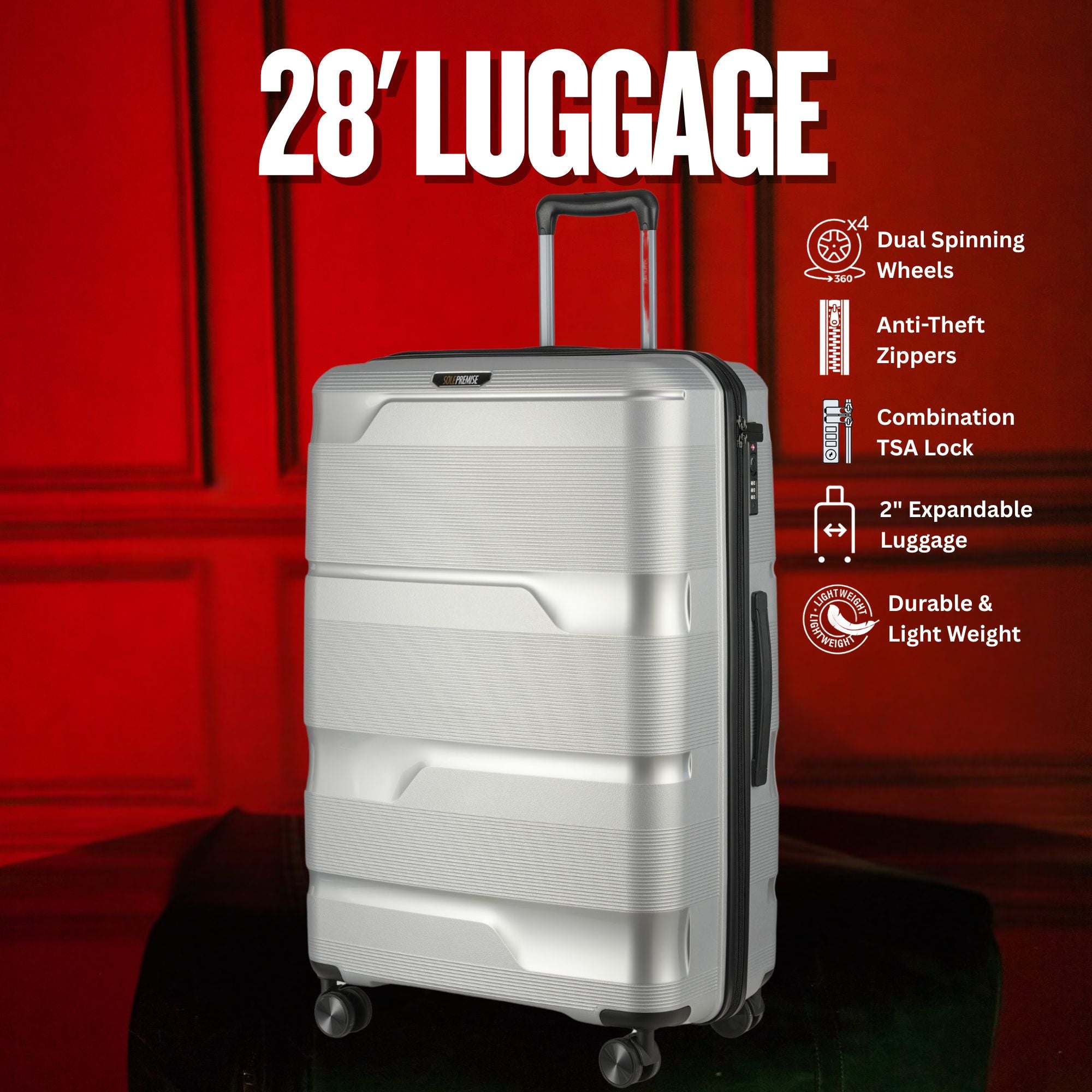 28-inch Silver Hardcase Roller Luggage (360° Wheels & TSA Lock)