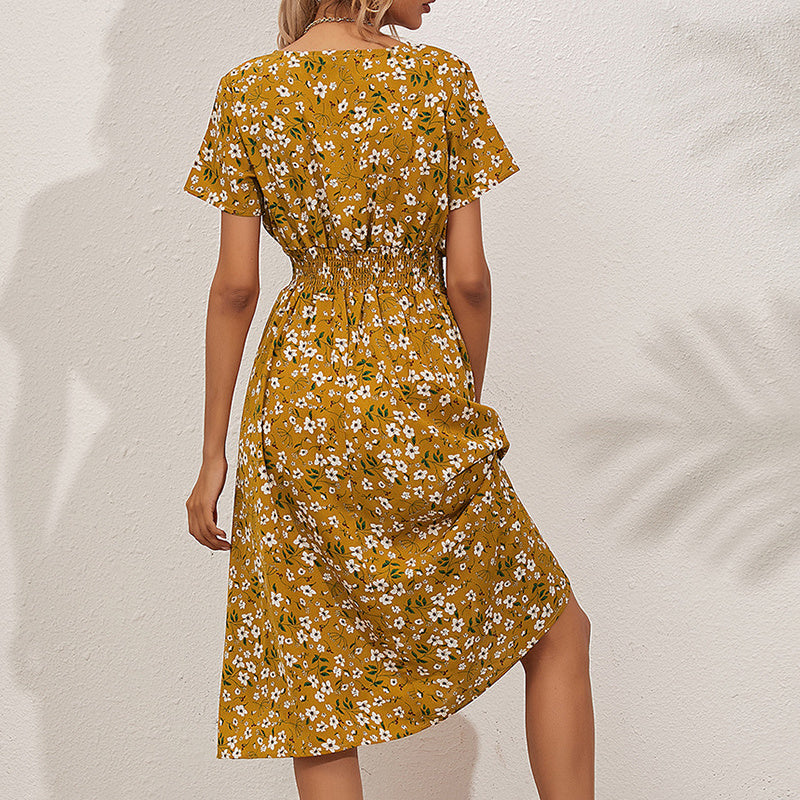 Women's V-Neck Floral Print Dress - A-Line Waisted Summer Maxi Dress