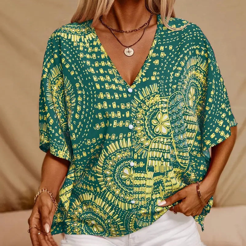 Mandala Print V-Neck Blouse â€?Casual Vacation Top