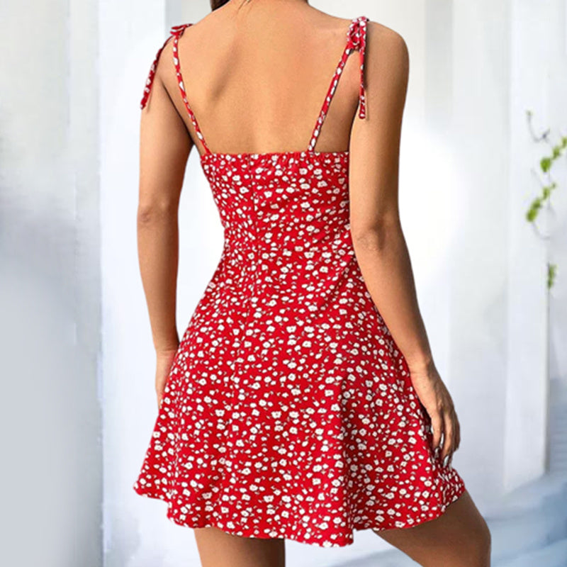 Floral Mini Dress Spaghetti Strap Tie Shoulder Ruffle Summer Boho Dresses