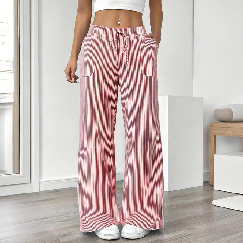 Women's Striped Print Straight Wide Leg Pockets Pants Casual Long Pants
