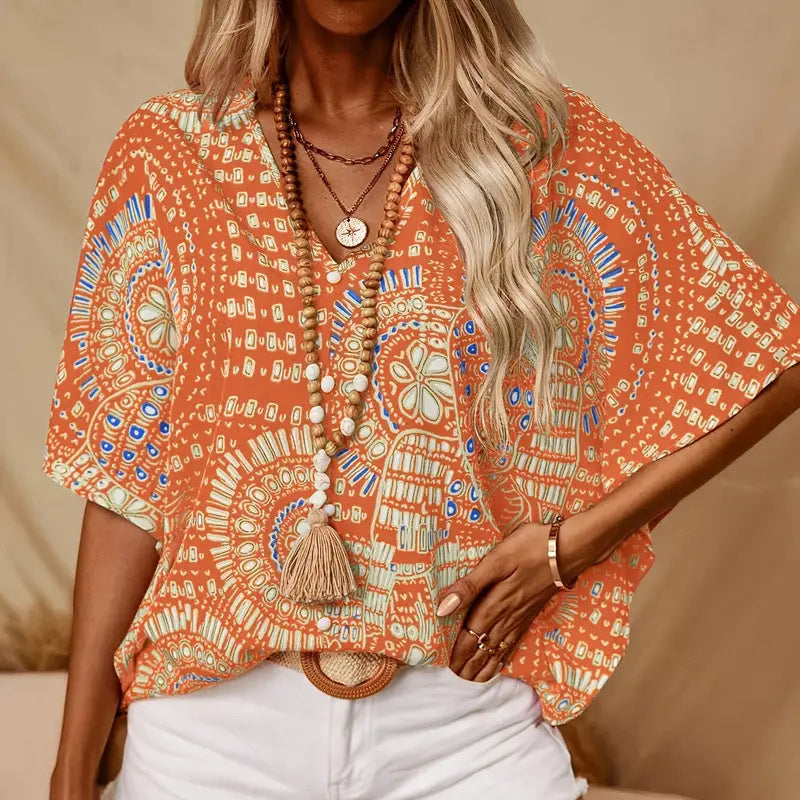 Mandala Print V-Neck Blouse â€?Casual Vacation Top