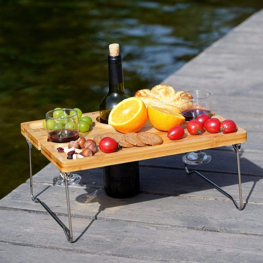 Folding Bamboo Wine Picnic Table with Bottle Opener â€?Portable Cheese & Snack Tray with Wine Glass Holders