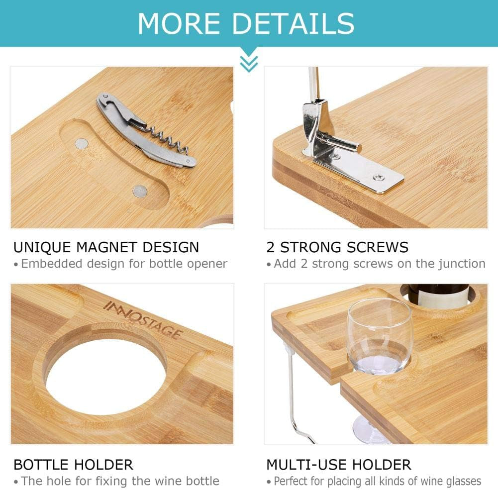 Folding Bamboo Wine Picnic Table with Bottle Opener â€?Portable Cheese & Snack Tray with Wine Glass Holders