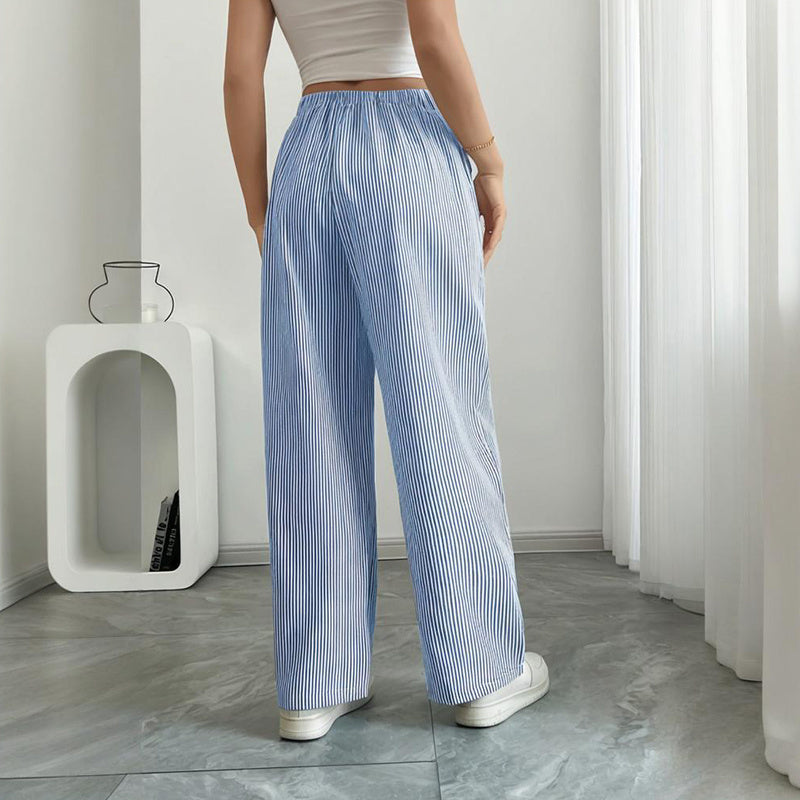 Women's Striped Print Straight Wide Leg Pockets Pants Casual Long Pants