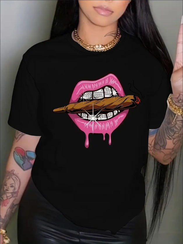 Women's Lips Print Crew-Neck Tee