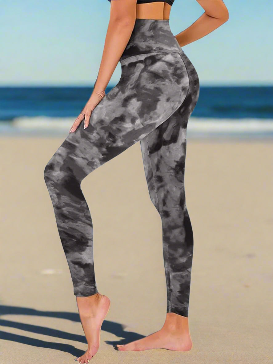 Cropped High-Rise Leggings â€?Black Tie-Dye Print Workout Pants
