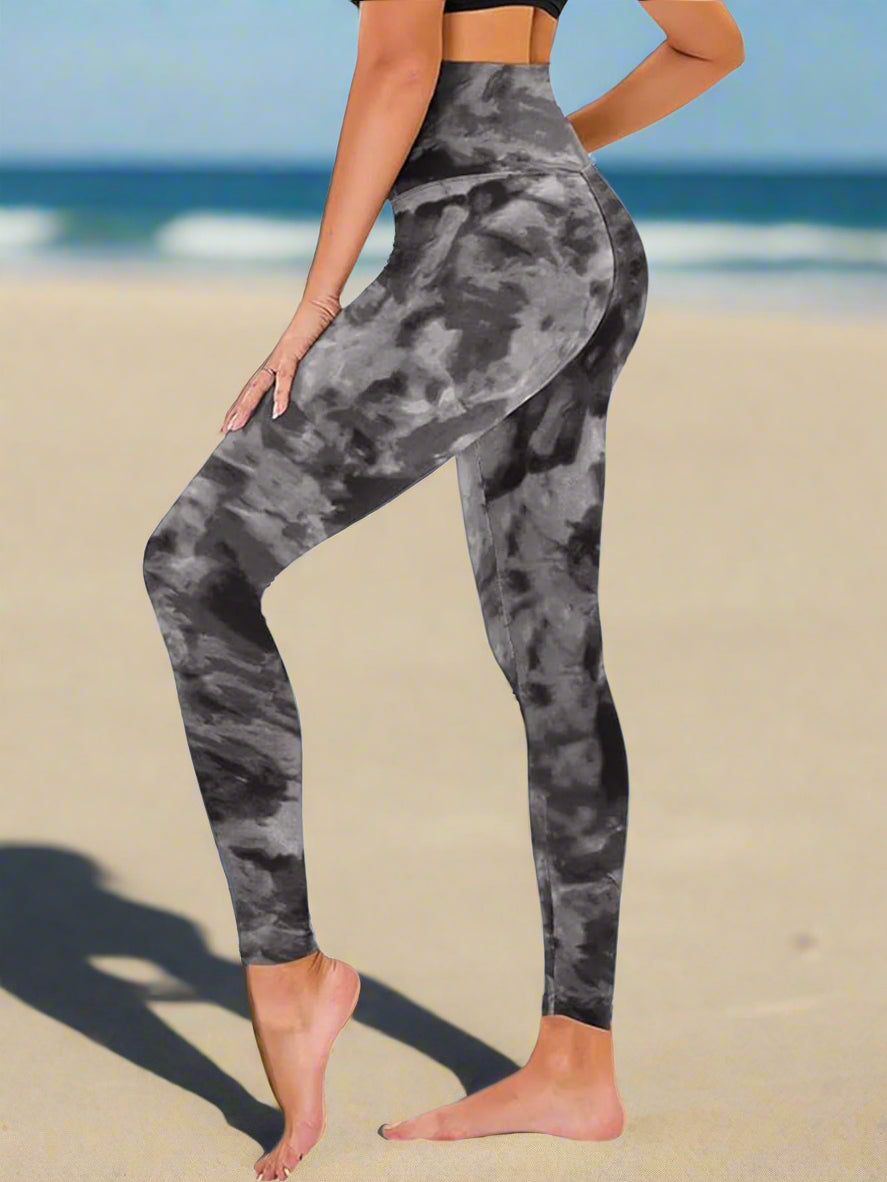 Cropped High-Rise Leggings â€?Black Tie-Dye Print Workout Pants