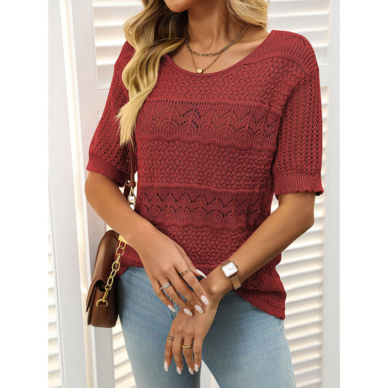 Women's Short Sleeve Crochet Knit Hollow-Out Top