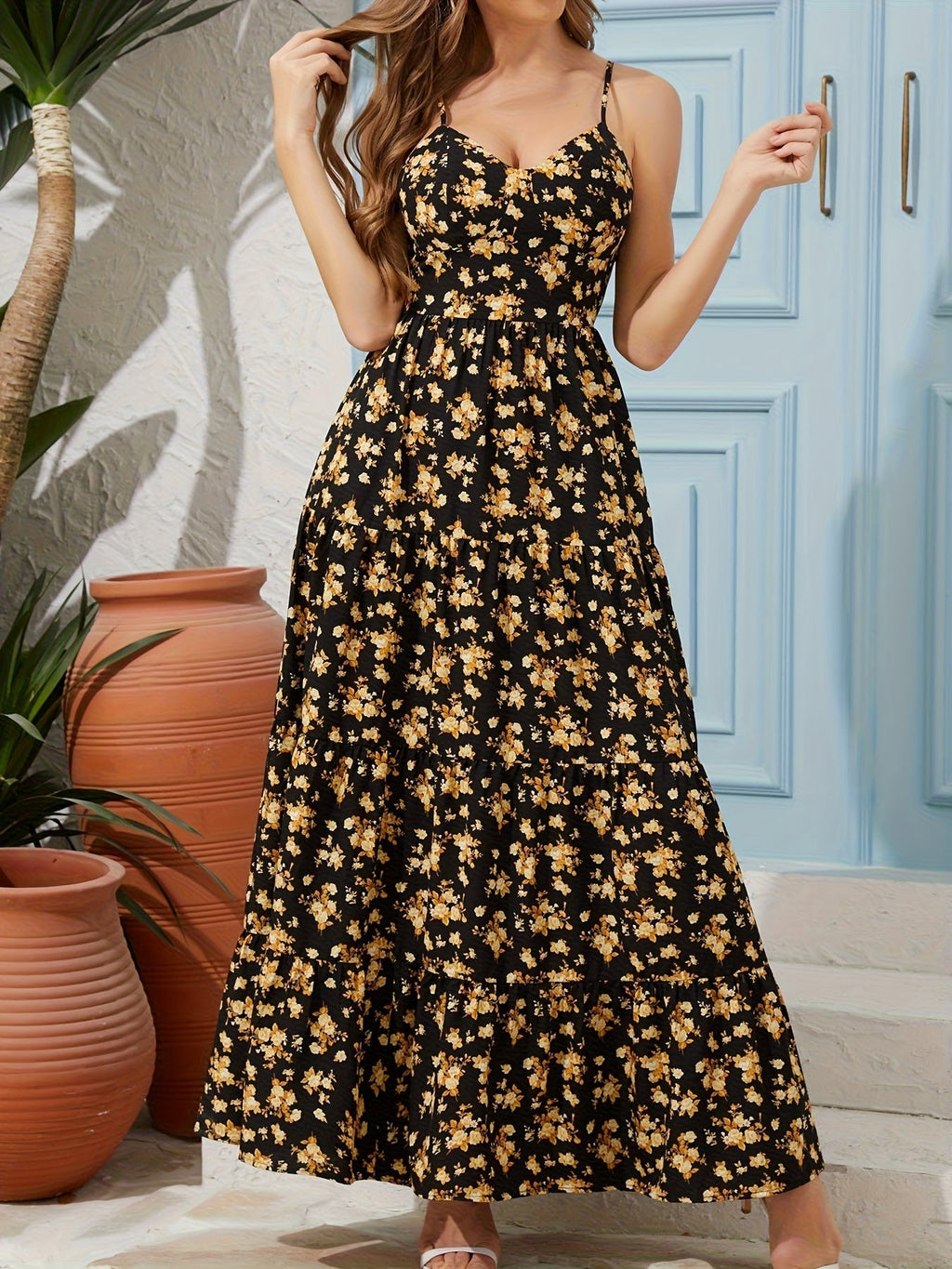 Women's Floral Backless Maxi Dress â€?Strappy Dress with Bow & Flowy Skirt