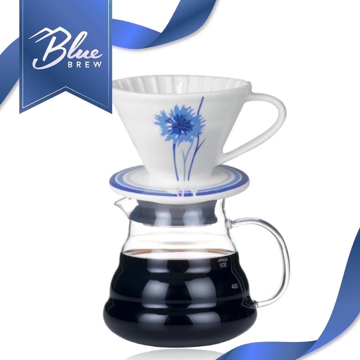 BLUE BREW Ceramic Pour Over Coffee Dripper & Borosilicate Glass Server Set â€?Premium Single-Serve Coffee Maker with Heat-Resistant Carafe