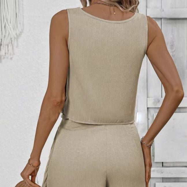 Women's Solid Color Off-Shoulder Lace-Up Shorts Set