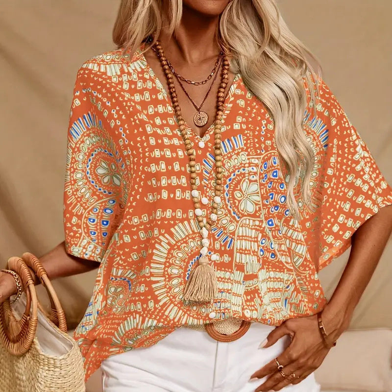 Mandala Print V-Neck Blouse â€?Casual Vacation Top