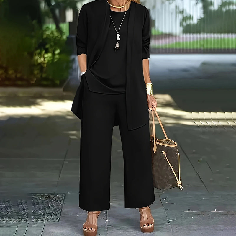 Women's Plus Size Casual 3-Piece Set Open Front Cardigan Sleeveless Vest Pants Solid Color Lounge Set