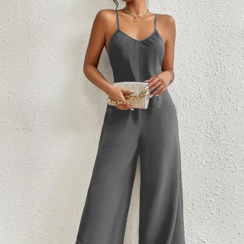 Women's Pleated Chest Cross-Strap Jumpsuit